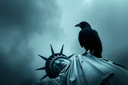 a lone raven sits on a fallen statue of liberty, dark abstract background