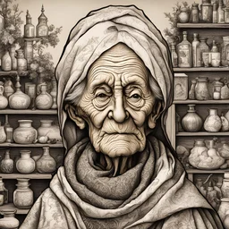 a Dutch Renaissance era inked caricature illustration of a wizened and aged female elder apothecary highly detailed facial features, in the style of Pieter Brueghel the Elder , Hieronymus Bosch, and Gerald Scarfe aged canvas, craquelure finish, archaic masterpiece, 4k