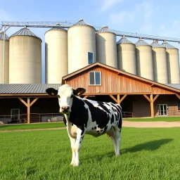 a modern Dairy barn in front of concrete dairy siloes, grass bottom front with a Holstein cow(1).