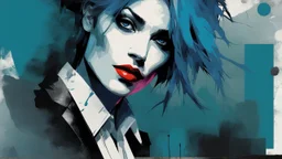 aesthetic, painterly style, modern ink, joker, blue, blue hair, sensual, sultry, dark blouse, expressive pose, urbanpunk, abstract texture multilayer background, neo-expressionist , Russ Mills, Ian Miller