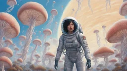 woman with black hair, in a tight spacesuit, without a helmet, walking through Alien mushrooms with jellyfish tentacles in an alien forest, photorealistic, Deep Colour, Intricate Detail, sunshine, blue sky