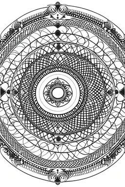 Mandala of the Yin Yang symbol merged with the Sri Yantra, rendered in black and white with clear lines for an adult coloring book, contour, vector, clean line art, against a white background