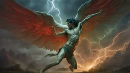 a powerfull angel fighting a demon. huges wings. blues, green and red lightning. perfect arms and hands, exquisite realism, a masterpiece, fantasy concept art, dynamic lighting, hyperdetailed, intricately detailed, deep color, volumetric lighting, Epic cinematic brilliant stunning intricate meticulously detailed dramatic atmospheric maximalist,