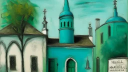 A blackish teal church with ethereal pottery painted by Maurice Utrillo