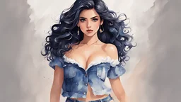 best quality, 8k,A 2D illustration, anime style, watercolor. Beautiful 25 year old Spanish, she has long black, wavy hair. She is wearing a set consisting of a strapless top and denim shorts, matching her black sandals. the beautiful woman has beautiful detailed and expressive eyes, The woman is standing. Bowater art style, watercolor art style, color illustration, color digital illustration, Lois van Baarle and Rossdraw, Procreate illustration, art drawing, color style illustration