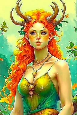 pretty girl, aged 17, ginger, conventionally attractive, realism, dreamy, tight top, bright clothes, full length, faun, satyr