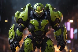 orisa in 8k anime cgi artstyle, venom them, neon effect, close picture, full body, rain, apocalypse, intricate details, highly detailed, high details, detailed portrait, masterpiece,ultra detailed, ultra quality