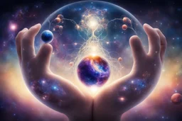 kundalini, connected to the universe, few colours of galaxy, holding galaxies in few hands in glass balls, I first ball ocena, second ball trees, third universe,