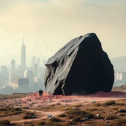 Photograph of outskirts of a city, ominous and odd black ireegular stone rises from the earth, details of the stone very accentuated, brutalist style, aftermath, liquid, powder, pastel colors, people, minimaximalist, detailed, 8k, museum, deep 3d field, hasselblad h6d400c --ar 85:128 --v 6.0