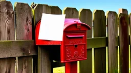 an old wooden fence, , a red old mailbox on the fence, a big note stuck on the mailbox