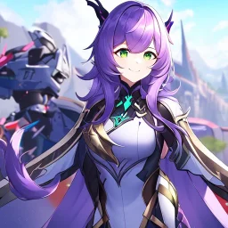 Clear focus,High resolution,High quality, Smiling, Purple long fluffy hair, Green eyes, Wearing a pink mech uniform, Honkai Impact Star Rail