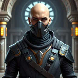 bald male corellian jedi wearing gunmetal grey and black old republic armored flightsuit and breath mask with gold and metallic red trim inside the jedi temple, centered head and shoulders portrait, hyperdetailed, dynamic lighting, hyperdetailed background, 8k resolution, volumetric lighting, light skin, fully symmetric details