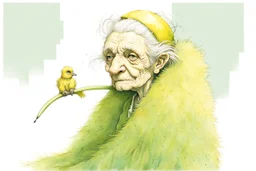 Artist Jean-Baptiste Monge style. A biomorph banana-headed old woman. White eyes. A yellow dotted green furry feathered fluffy dress.