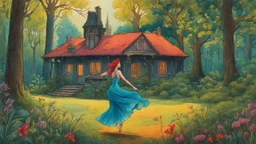 slim nymph dancing in a woodland clearing, with a woodland house behind her. vibrant colour