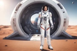 photorealistic slim woman ina spacesuit with dark hair and white boots in a heroic pose at the entrance to a spaceship in the desert