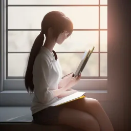 female student studying by the window, anime style,perfect face, cool face, ultra detail, unreal engine 5, cinema4d, sun light, studio lighting --ar 1:1 --v 4