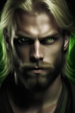 front page picture for dark fantasy / paranormal romance. A man with blond hair and beard. Demon hunter. handsome. I want him to have green eyes