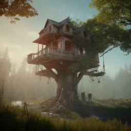 Tree house, fantasy unreal 5, octane render, cinema4d, redshift render, hyper realistic, cenematic, vibrancy, synthwave, retouch, centered, dynamic lighting, dramatic lighting, 4k, highly detailed, attractive beautiful, realistic, virtual reality, epic composition, holographic,