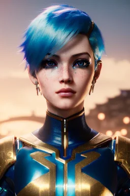 Cyborg anime warrior, light blue hair, gold eyes, waist up portrait, 8k resolution, intricate details, ornate details, soft lighting, vibrant colors, retroanime, masterpiece, intricate eyeliner, dark eyeshadow, eyes, intricate tattoos, futuristic cityscape background