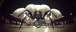 pinhole cam, weird geometry sacred, airbrush 3d rendering, spider ballooner, huge mech 🦗🥊 A bizarre upright flying hydraulic bicycle-creature, front wheel replaced by articulated mantis-like arms carrying enormous inflatable pillows, looking far too serious about complying with official pillow-fighting regulations.
