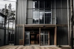 An 8 floor Glass and Wood exterior, production studio in a big barn with the name "Mac-C Production Studios" outside of it. on an ethereal looking entrance.