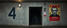 background of wall(wet textured concrete, gray, old, cracked, stained, 1 wall light) from underground parking, hong kong style, a large number "4" painted on left(old faded paint), at middle is a narrow opening into an area with dark stairway, cyberpunk, to the right of opening is a faded poster of big brother's face(1984) and a row of repeated posters for the movie "THEM"