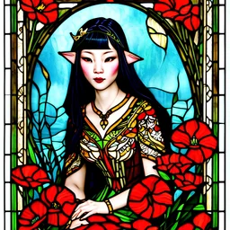 Stained Glass Art Nouveau art style A beautiful as a model asian woodland elf princess who looks like a young Lucy Liu seated on a throne surrounded by poppies in a mystical forest, photo-realistic