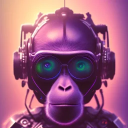 A beautiful portrait of a cyborg monkey purple neon color scheme, high key lighting, volumetric light high details psychedelic background