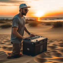 short beard man with cap, DJ play records ,full body, acustic systems box,speakers, at beach, dunes background, sunset