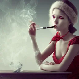 A red eyed midget girl with mustasch is smokeing cigarette on a barstool.8k picture