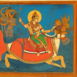 painting of rama riding a whale leading a battle