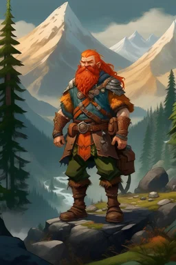 Realistisches Bild von einem DnD Charakters. Männlicher Zwerg mit orangenen Haaren. Er steht im Wald mit Bergen im Hintergrund. Er ist ein Jäger mit einer Armbrust.