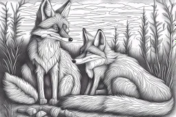 As twilight descends, the foxes awaken. Known for their sly and clever nature they prepare for their nocturnal adventures. - Pencil drawing.