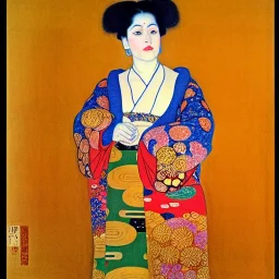 Retrato de cuerpo entero una Gheisha vestida con kimono muy guapa y voluptuosa con el estilo de Gustav Klimt