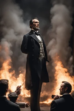 Create a powerful visual representation of the moment Booth fires a single shot into the back of Abraham Lincoln's head. Convey the shock and chaos among the audience as the gunshot reverberates through the theater