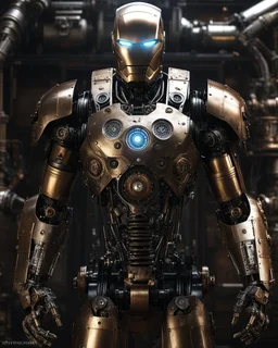 Ironman Mechanism classic robot,hyperrealism, masterpiece, expert, 8K, dramatic lighting, sharp focus, dark, black, steampunk