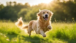 a joyful golden retriever running through a sunlit meadow, vibrant green grass, warm sunlight, dynamic action shot, happy and carefree, nature, energetic, high resolution, wide angle –upbeta