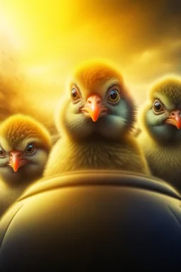 movie poster, portrait of newly hatched chickens with helmets in a car race, high speed, motion blur, smoke, 4k, downlight, soft light, depth of field, photorealism, trending on art station