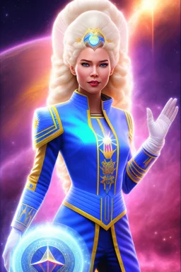 young cosmic woman admiral from the future, one fine whole face, large cosmic forehead, crystalline skin, expressive blue eyes, blue hair, smiling lips, very nice smile, costume pleiadian,rainbow ufo Beautiful tall woman pleiadian Galactic commander, ship, perfect datailed golden galactic suit, high rank, long blond hair, hand whit five perfect detailed finger, amazing big blue eyes, smilling mouth, high drfinition lips, cosmic happiness, bright colors, blue, pink, gold, jewels, realistic, real