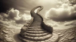 Winding stone spiral staircase leading up through clouds toward an unknown, fantastical destination, vintage sepia, film effect, creative, detailed brush stroke, minimal spalsh