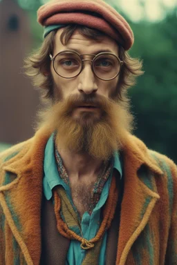 Hippie bohemian young ugly man with Parisian bohemian look and glasses of colours and poor and short short short and poor hair on the head with receding hairline. Farsightedness glasses with big eyes. Long beard. Vintage look and feel like photo styleof the 70s