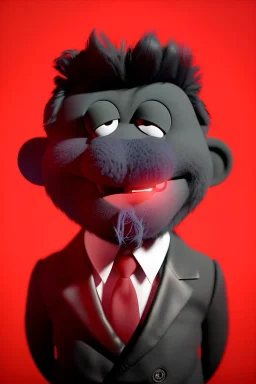 Waist up muppet Portrait, Kim Jong-un muppet doll, black suit, photo studio, red background, unreal engine 5, concept art, art station, god lights, ray tracing, RTX, lumen lighting, ultra detail, volumetric lighting, 3d.