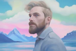 Maria Lassnig oil painting high quality double-exposure photo handsome young beard ACTOR, wears Joe Casely-Hayford hipster fashion, artistically blended with a Icelandic Dawn Aurora Borealis mountain beach landscape, austrian symbolism, double exposure, (illusion:1.2), mixture, (blue background:1.2), foreground clouds, (digital art:1.3), make up, impasto art style