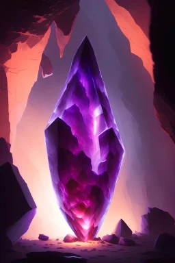 A large glowing purple crystal in the middle of a large cave only lit by the crystal, by Greg Rutkowski