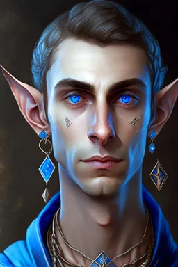 a wealthy half-elf young man with pointy ears and blue eyes, wears lots of jewelry