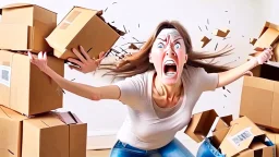 woman starts frantically tearing apart all the boxes and packaging