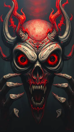Bosch painting style, nightmare in hell all red and black big eyes in 3D.