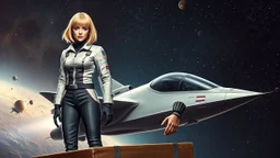 A photorealistic image of an adventurous pinup girl from the future, dressed in a tailored, full-body space suit, stands proudly beside her streamlined spaceship on a box. Her short, untidy, blond hair with bangs. The scene is framed by a cosmic expanse of stars and nebulas.