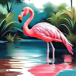 florida pink flamingo in florida water canal, watercolor style