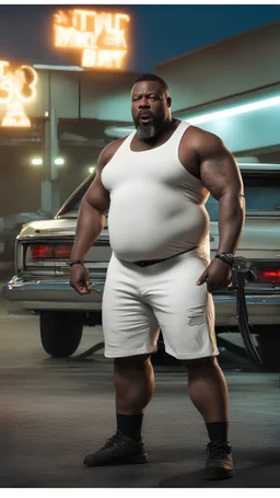 strong burly chubby nigerian mechanic 44 years old, curly hair, wet, short white beard, manly chest, hairy, shirtless in bulging dirty white boxer and tank top, big shoulders, tattoo, big calves, barefeet, angry, photorealistic, side light, inside a dark parking lot at night, side neon light, photoRealistic, view from the ground